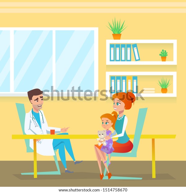 病院内閣での小児科医の任命 赤い頭のお母さんとかわいい女の子の子と話す男性のキャラクター 治療診断部 小児診察室のフラットイラスト のイラスト素材