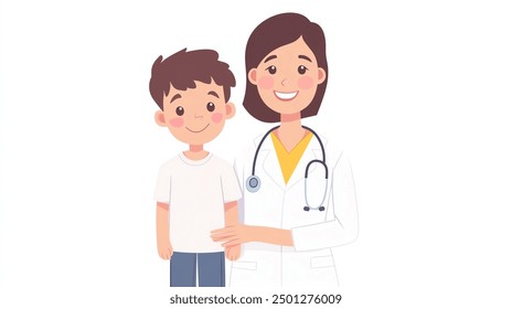 A pediatrician with a smiling child, medical professional, animated style, soft pastel colors, isolated on white background - Powered by Shutterstock