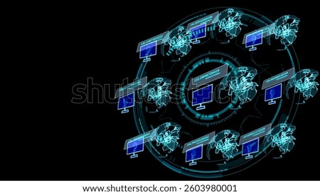 peer to peer network .decentralization global AI monitor and holographic futuristic hud digital ring