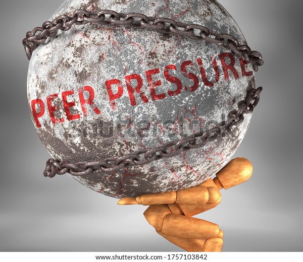 Peer pressure and hardship in life -\
pictured by word Peer pressure as a heavy weight on shoulders to\
symbolize Peer pressure as a burden, 3d\
illustration