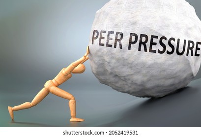 Peer pressure and painful human condition, pictured as a wooden human figure pushing heavy weight to show how hard it can be to deal with Peer pressure in human life, 3d illustration