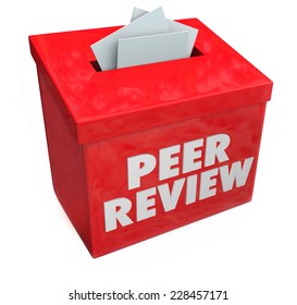 Peer Review Words In 3d Letters On A Red Box Collecting Evaluations, Comments And Feedback From Your Coworkers, Colleagues Or Team Members