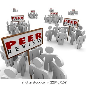 Peer Review Words On Signs And People, Coworkers, Colleagues And Educators Offering Feedback And Confirmation For Your Research Or Findings