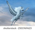 Pegasus above the Clouds 3d illustration - A beautiful white Pegasus stallion, a legendary mythical horse with wings, takes off for the sky.