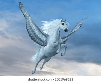 Pegasus above the Clouds 3d illustration - A beautiful white Pegasus stallion, a legendary mythical horse with wings, takes off for the sky.