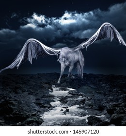 Pegasus drinking from a stream