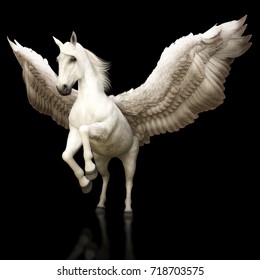 Pegasus majestic mythical Greek winged horse on a black background. 3d rendering  