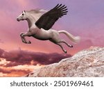 Pegasus Takes Off 3d illustration - A beautiful white Pegasus stallion, a legendary mythical horse with wings, takes off for the sky.