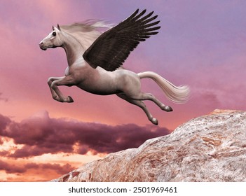 Pegasus Takes Off 3d illustration - A beautiful white Pegasus stallion, a legendary mythical horse with wings, takes off for the sky.