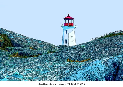 PEGGY'S COVE NOVA SCOTIA JUNE 6 2014: The Lighthouse Of Peggy's Cove A Small Rural Community Located On The Eastern Shore Of St. Margarets Bay Sign Illustration Pop-art Background Icon With Color Spot