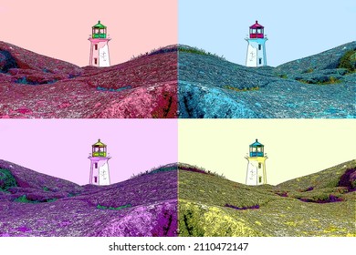 PEGGY'S COVE NOVA SCOTIA JUNE 6 2014: The Lighthouse Of Peggy's Cove A Small Rural Community Located On The Eastern Shore Of St. Margarets Bay Sign Illustration Pop-art Background Icon With Color Spot