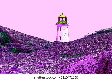 PEGGY'S COVE NOVA SCOTIA JUNE 6 2014: The Lighthouse Of Peggy's Cove A Small Rural Community Located On The Eastern Shore Of St. Margarets Bay Sign Illustration Pop-art Background Icon With Color Spot