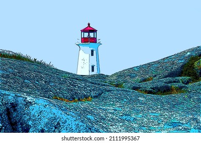 PEGGY'S COVE NOVA SCOTIA JUNE 6 2014: The Lighthouse Of Peggy's Cove A Small Rural Community Located On The Eastern Shore Of St. Margarets Bay Sign Illustration Pop-art Background Icon With Color Spot