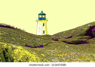 PEGGY'S COVE NOVA SCOTIA JUNE 6 2014: The Lighthouse Of Peggy's Cove A Small Rural Community Located On The Eastern Shore Of St. Margarets Bay Sign Illustration Pop-art Background Icon With Color Spot