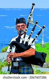 PEGGY'S COVES NOVA SCOTIA CANADA 06 23 2003: Man play bagpipe with pop-art background icon with color spots