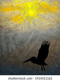 Pelican Painterly Sunset Silhouette Scene