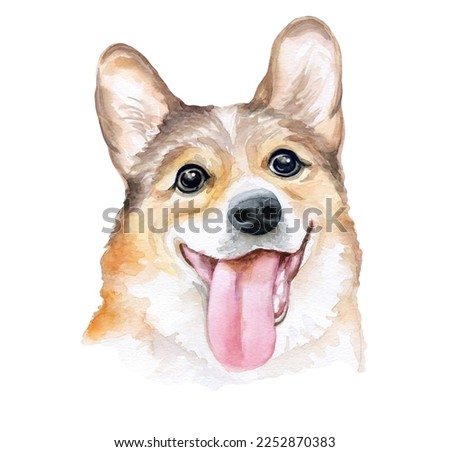 Pembroke Welsh Corgi Dog Breed Watercolor closeup portrait. Isolated on white background. Shorthair small-sized hound dog. Hand drawn sweet home pet. Greeting card design. Clip art