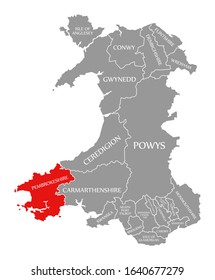 Pembrokeshire Red Highlighted In Map Of Wales