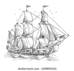 Pen Drawing Old Ship Stock Illustration 1398094310 | Shutterstock