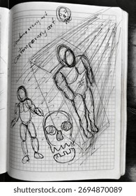Pen drawing  of  a  skull in perspective