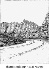 Pen And Ink Drawing Of Pine Creek Canyon In Zion National Park Along Zion Park Blvd And Zion-Mt Carmel Highway Located In Springdale, Utah, USA  In Watercolor Painting Style.