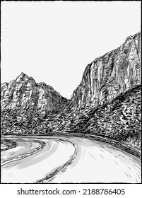 Pen And Ink Drawing Of Pine Creek Canyon In Zion National Park Along Zion Park Blvd And Zion-Mt Carmel Highway Located In Springdale, Utah, USA  In Watercolor Painting Style.