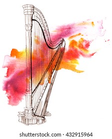 A Pen And Ink Drawing Of A Vintage Harp With A Grunge Watercolor Stain