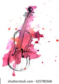A pen and ink drawing of a vintage violin with a grunge watercolor stain