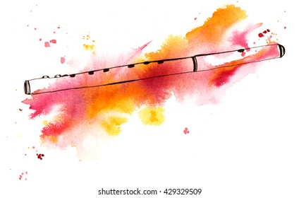 A Pen And Ink And Watercolor Drawing Of A Vintage Fife (a Small, High-pitched, Transverse Flute, Similar To The Piccolo), Hand Painted On White Background