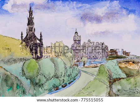 A pen and ink watercolor sketch of central Edinburgh, showing Princes Street Gardens and the Scott Monument.