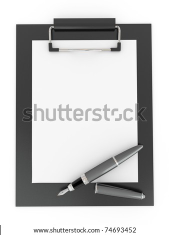 Pen on clipboard. Empty sheet of paper. 3d