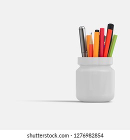 Pen And Pencil Holder. Isolated On White Background 3d Render