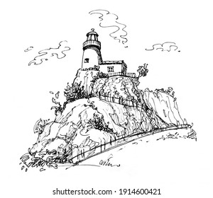 Pen Sketch Small Lighthouse On The Rock. Greece, Corfu