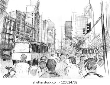 Pencil Drawing Of A Big Modern City With Skyscrapers And Plenty Of People