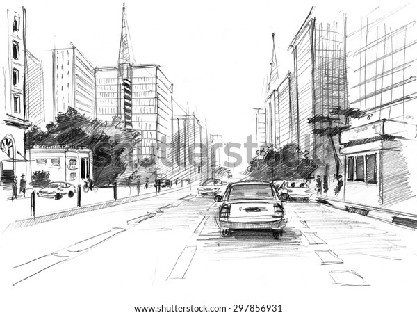Pencil drawing of a big modern city of San Paulo in\
Brasilia in a sketchy\
style