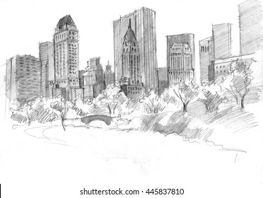 Pencil Drawing Of The Central Park NYC, USA