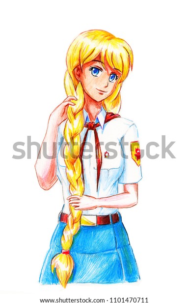 Pencil Drawing Color Anime Girl Summer Stock Illustration
