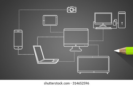 Pencil Drawing Connection Lines Between Office Devices