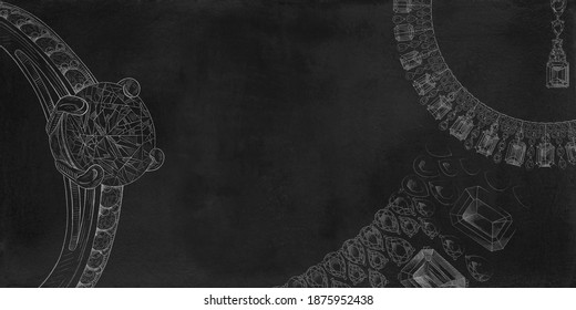 Pencil Drawing Of Diamond Ring And A Necklace With Precious Stones On A Black Background. White Background With Hand Painted Diamond Rings.Textural Background For Creativity.