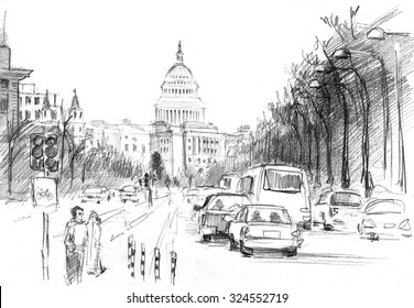 Pencil Drawing Of East Capitol Street With Intensive Traffic  And Pedestrian