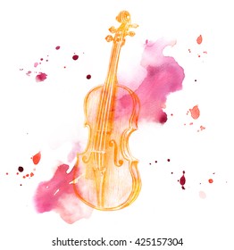 A pencil drawing of a golden colored vintage violin on a watercolor background