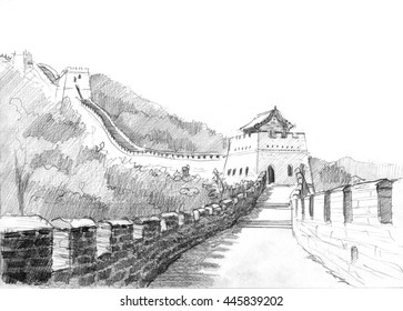 Pencil Drawing Great Wall China Mountains Stock Illustration