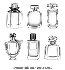 Pencil Drawing Illustration Of Perfume Bottle Set. Isolated Fashion Sketch