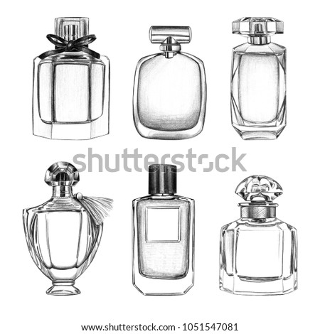 Pencil Drawing Illustration Perfume Bottle Set Stock Illustration