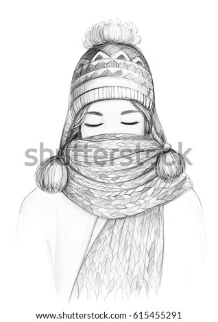 Pencil Drawing Illustration Woman Cute Knitted Stock Illustration