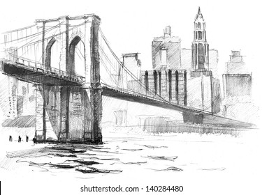 Pencil drawing of a landscape with set of skyscrapers and Brooklyn bridge in New York