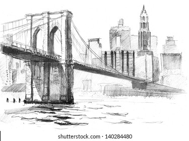 Pencil Drawing Of A Landscape With Set Of Skyscrapers And Brooklyn Bridge In New York