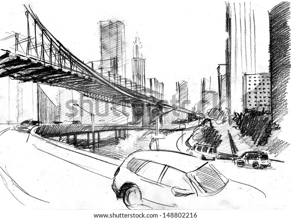 Pencil drawing of a landscape with set\
of skyscrapers, cars and Brooklyn bridge in New\
York