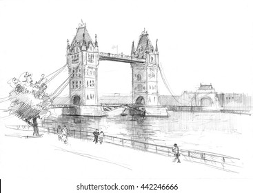 Pencil drawing London bridge  embankment   pedestrians