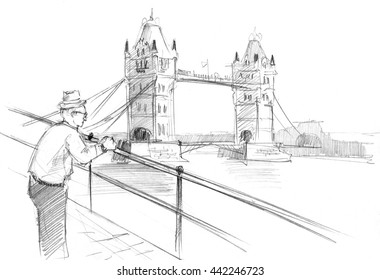 Pencil drawing London bridge  embankment   man  thinking about brexit